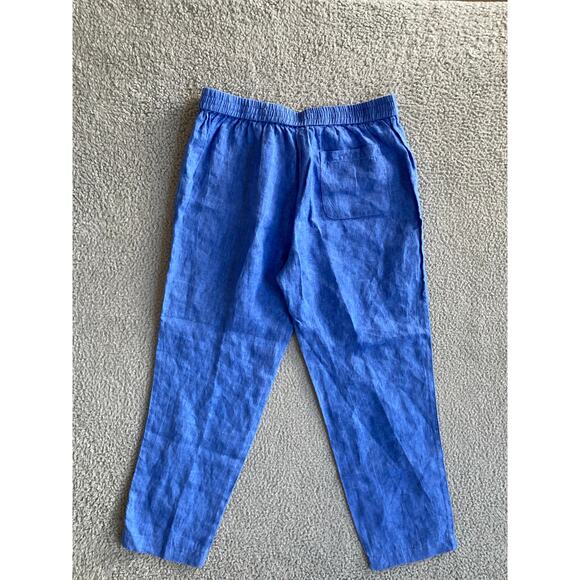 J. McLaughlin Pants Medium Linen Drawstring Straight Leg Ankle Blue Beach Boho - Picture 2 of 16